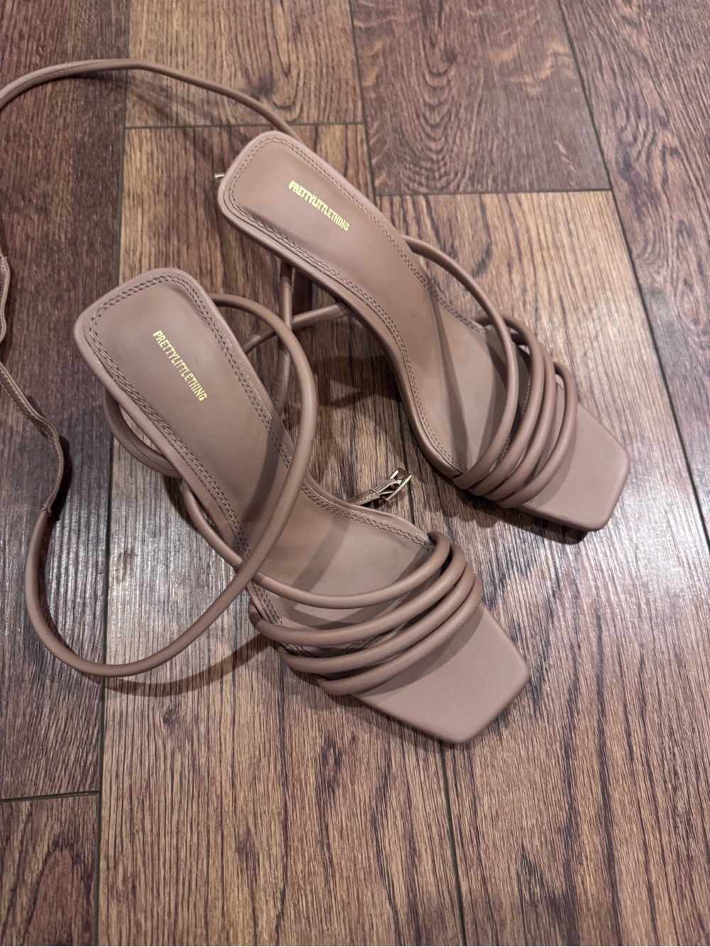 PrettyLittleThing Taupe Strappy Square-Toe Heeled Sandals